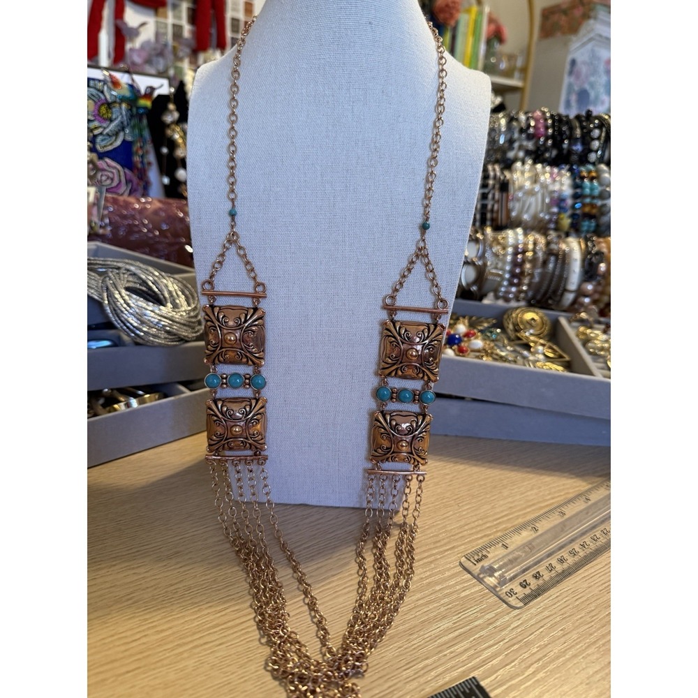 Barse Thailand Copper Turquoise Multi Strand Tassel Statement Necklace Southwest